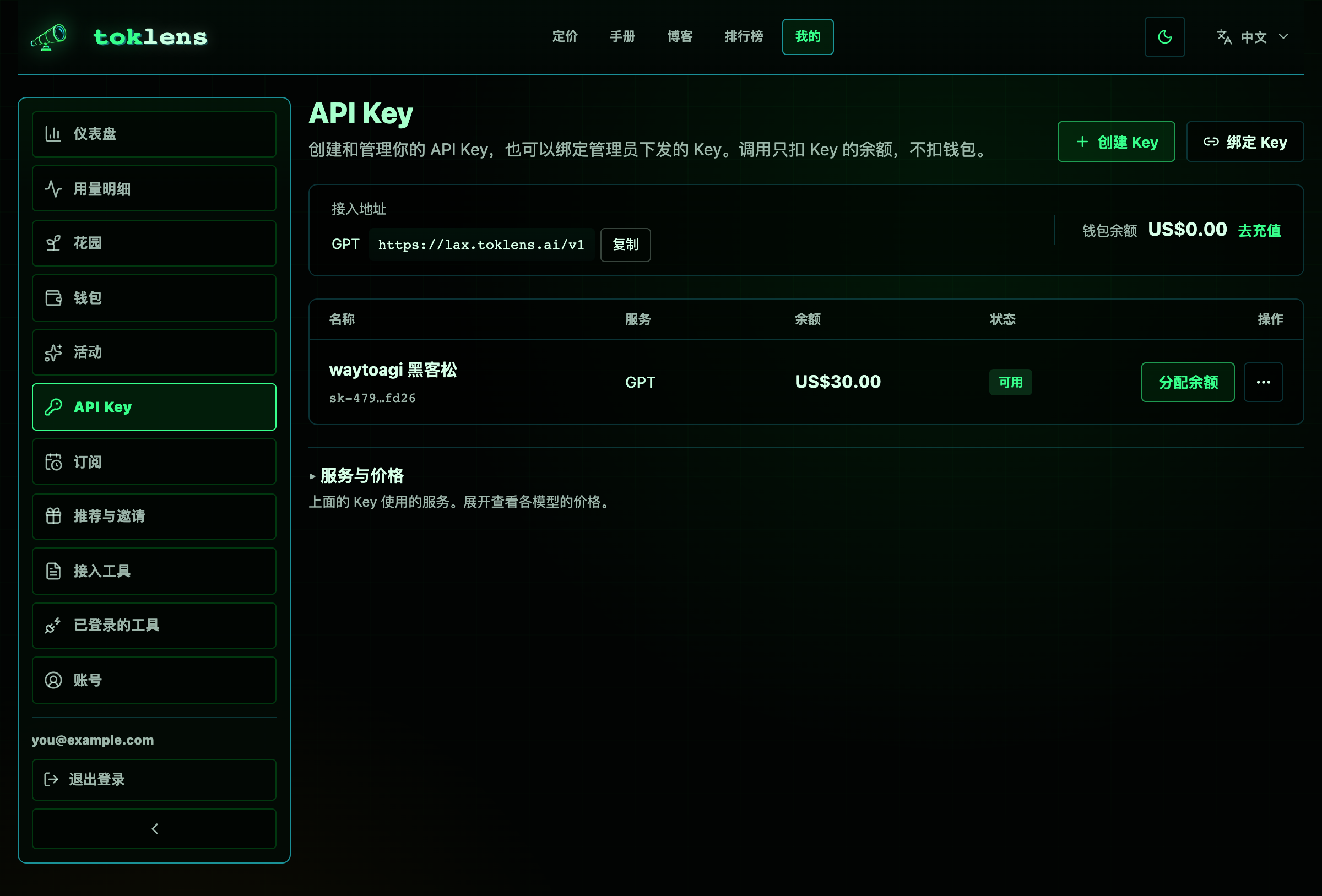 toklens「API Key」页：Key 的名称、服务、余额和「分配余额」按钮