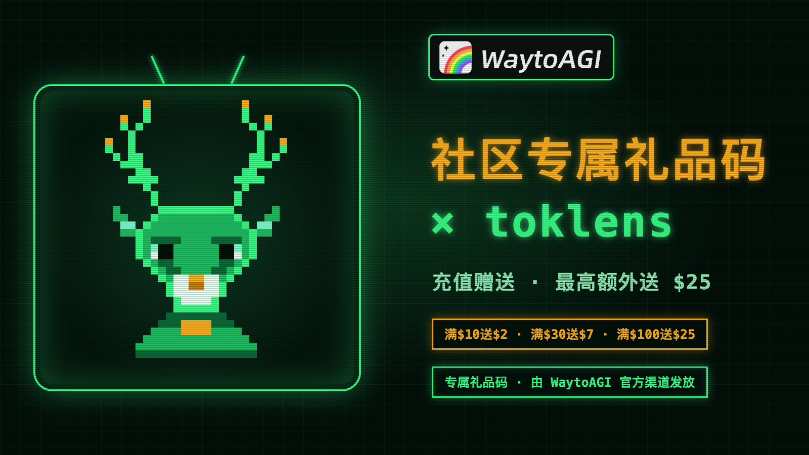 WaytoAGI × toklens 社区专属礼品码：赛博绿像素风头图，像素小鹿和三档充值赠送