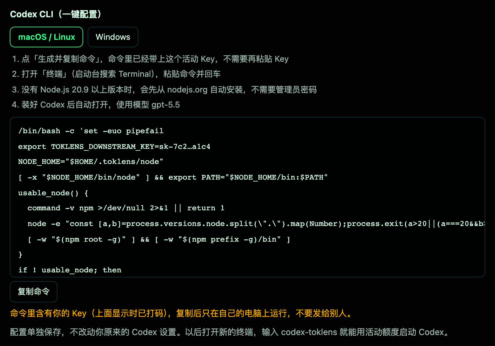 toklens「活动」页「接入指引」:Codex CLI 一键配置,可选 macOS / Linux 或 Windows